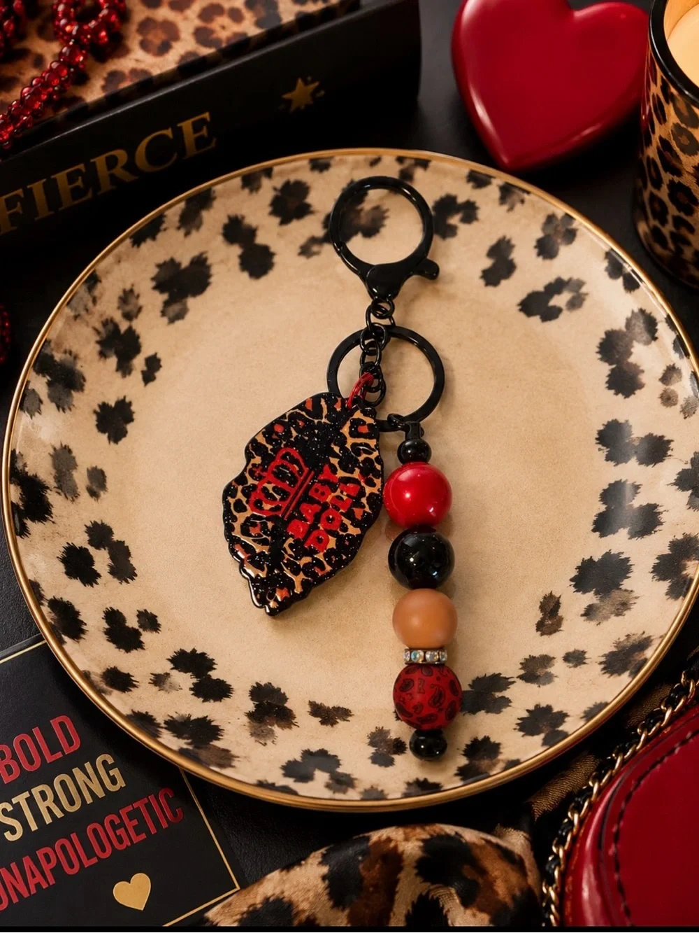 Handmade Leopard Lip Beaded Keychain - Red, Black & Tan